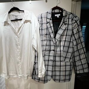 Cream Satin Button-Up Shirt and Plaid Blazer